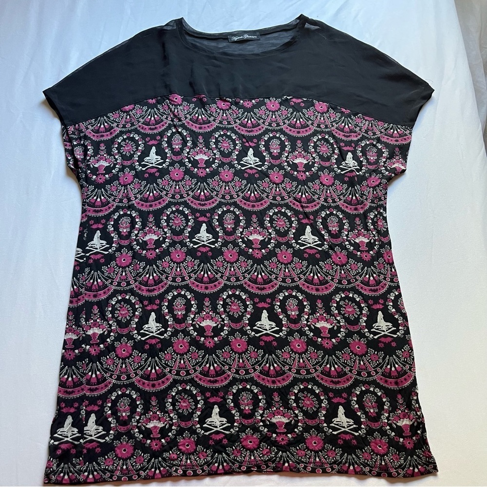HYSTERIC GLAMOUR black purple pink‎ printed mixed media sheer short sleeve tee
